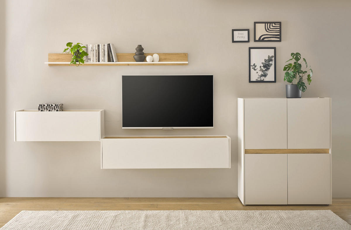 WOHNWAND weiß, Eiche Wotan 4-teilig 370 cm, Komplettset mit Sekretär - Eiche Wotan/Schwarz, Holz/Holzwerkstoff (370/170/40cm) - Furn.Design