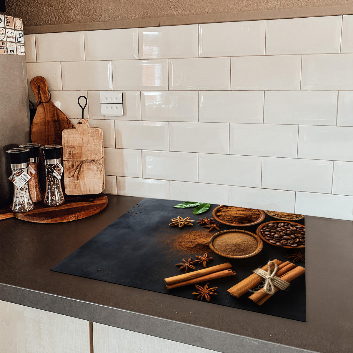 HERDABDECKPLATTE Zimt - Beton - Kaffee - Zimtstangen - Gewürze Ceranfeldabdeckung 59x52 cm - Mokka, Kunststoff (59/52/0.2cm) - MuchoWow