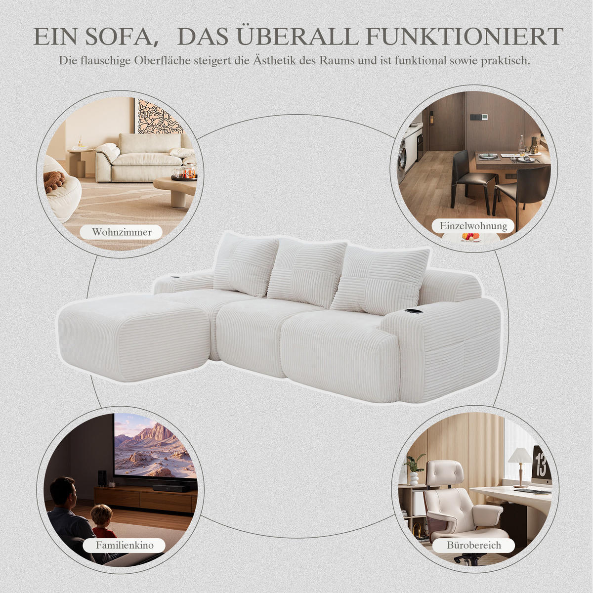 MODULARES 3-Sitzer Sofa Cordstoff mit Getränkehalter und Seitentasche 268/174/80 cm Beige - Beige, Textil (174/268cm) - Redom