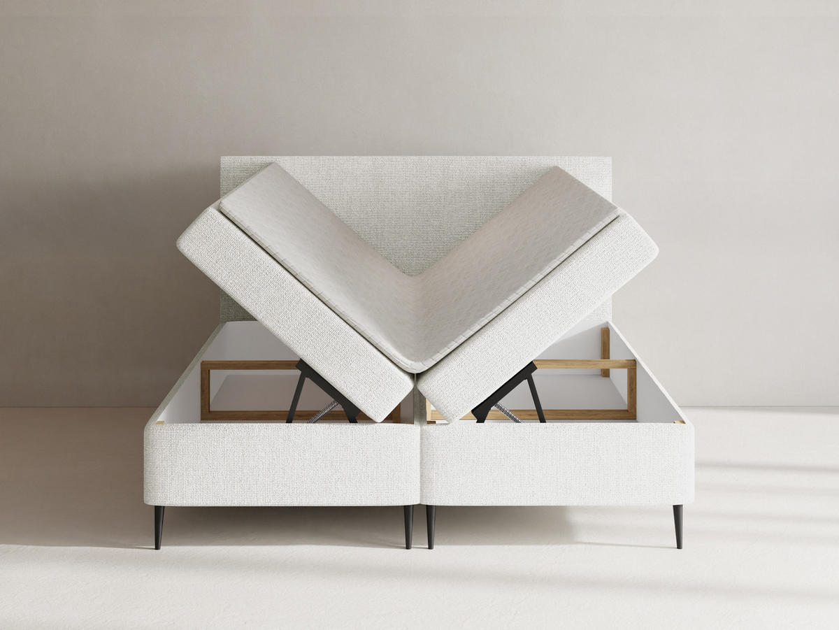 BOXBETT Alba Rise mit Bettkasten, Weiß Chenille 140x200 cm – inkl. H4 Taschenfederkern Matratze & Foam Topper - Schwarz/Weiß, Holz/Textil (140/200cm) - WFL GROUP