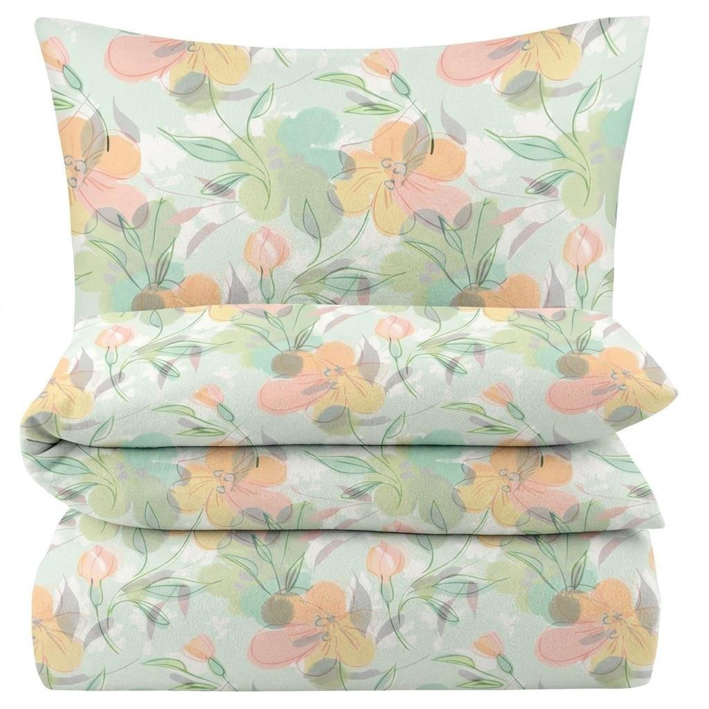 BIBER-BETTWÄSCHE 155x220 - Kuschelig warmer Flanell Bettbezug aus 100% Baumwolle für Herbst & Winter - Bunte Blumen - Grün, Textil (155/220cm) - Carpe Sonno