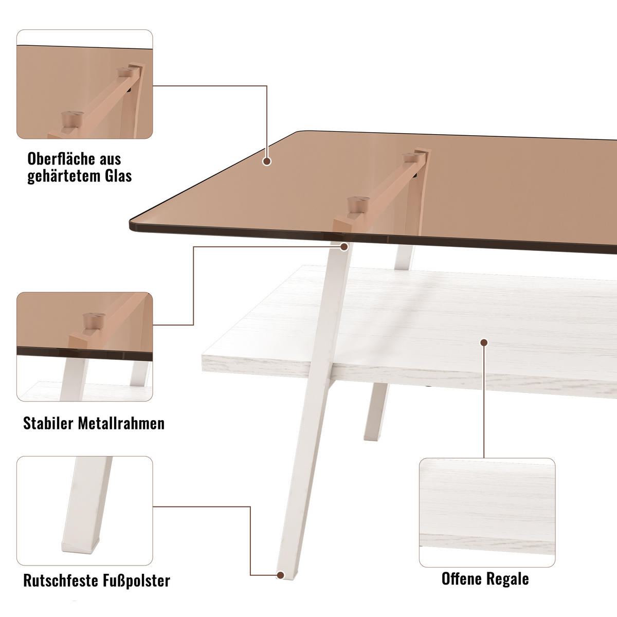 COUCHTISCH DE-37413 rechteckig mit Glasplatte Weiß - Weiß, Holzwerkstoff (98/58/42.5cm) - ComfortXL