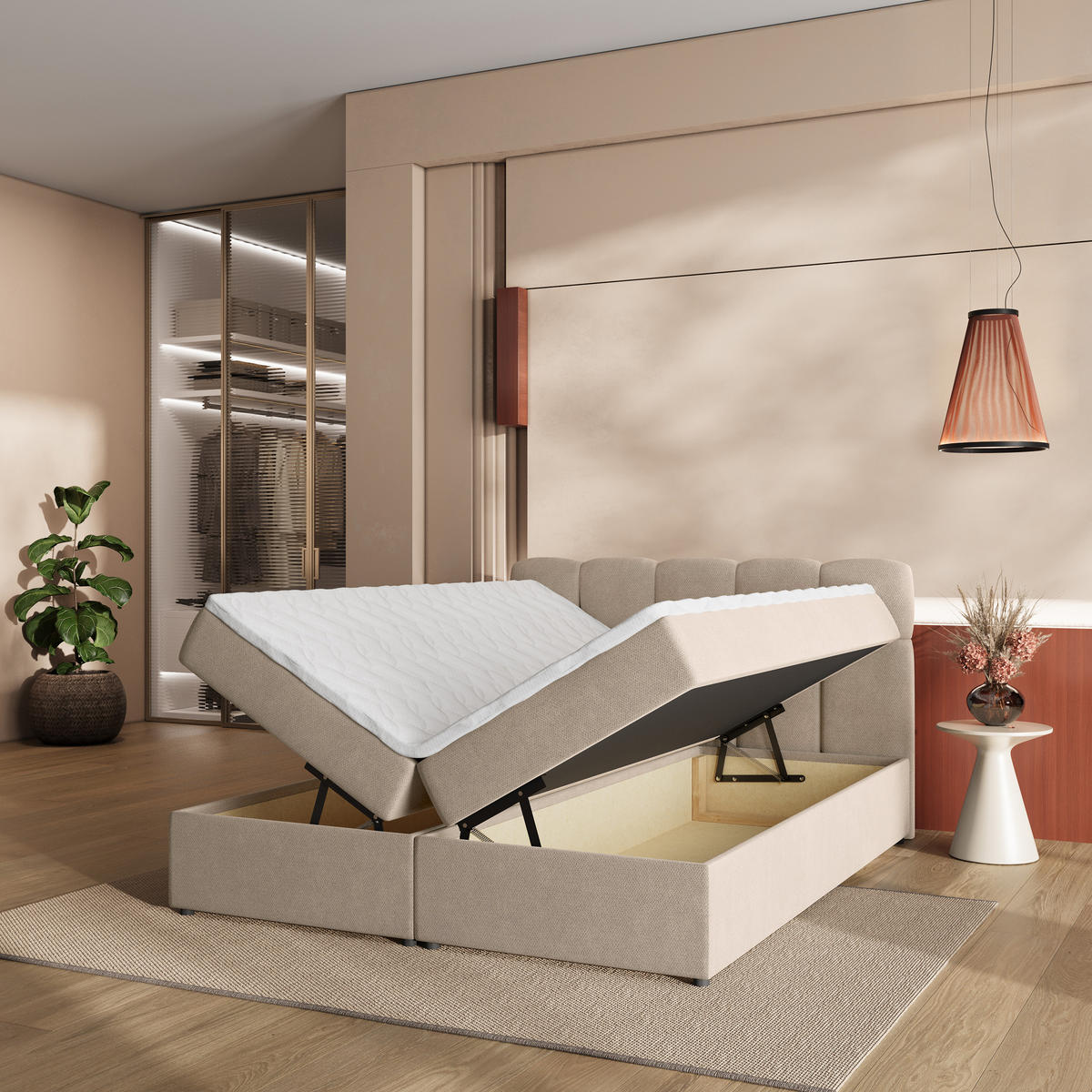 BOXBETT MERU 180x200 cm mit Matratze und Topper - Beige - Beige, Holz (180/200cm) - MASSENO