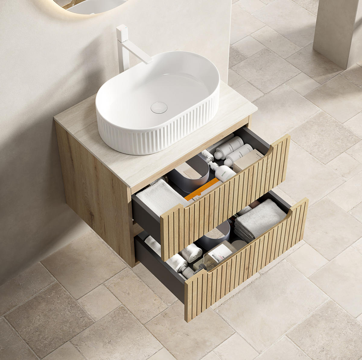 WASCHTISCH mit 2 Schubladen Keramik Weiß Eichenoptik - Weiß, Holzwerkstoff (46/62.2/60cm) - Beauniv