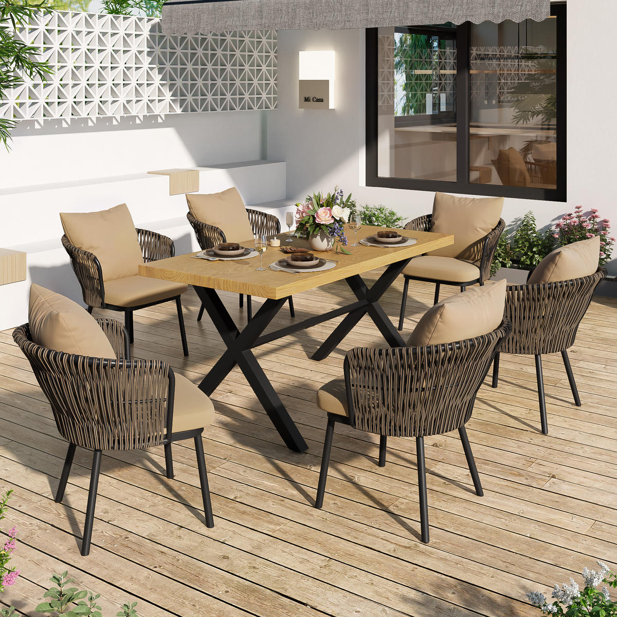 GARTENSETS aus Eisen/Rattan 150x75x75cm Natural mit 6 Stühlen & Sitzkissen - Naturfarben, Metall - Modfu