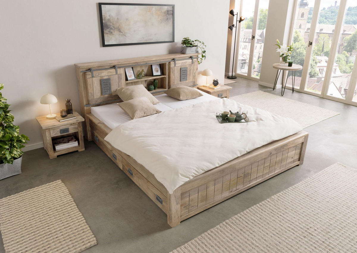 HOLZBETT mit Schublade Mango 200x200 beige lackiert RAILWAY #373 - Beige, Holz (200/200cm) - Massivmoebel24