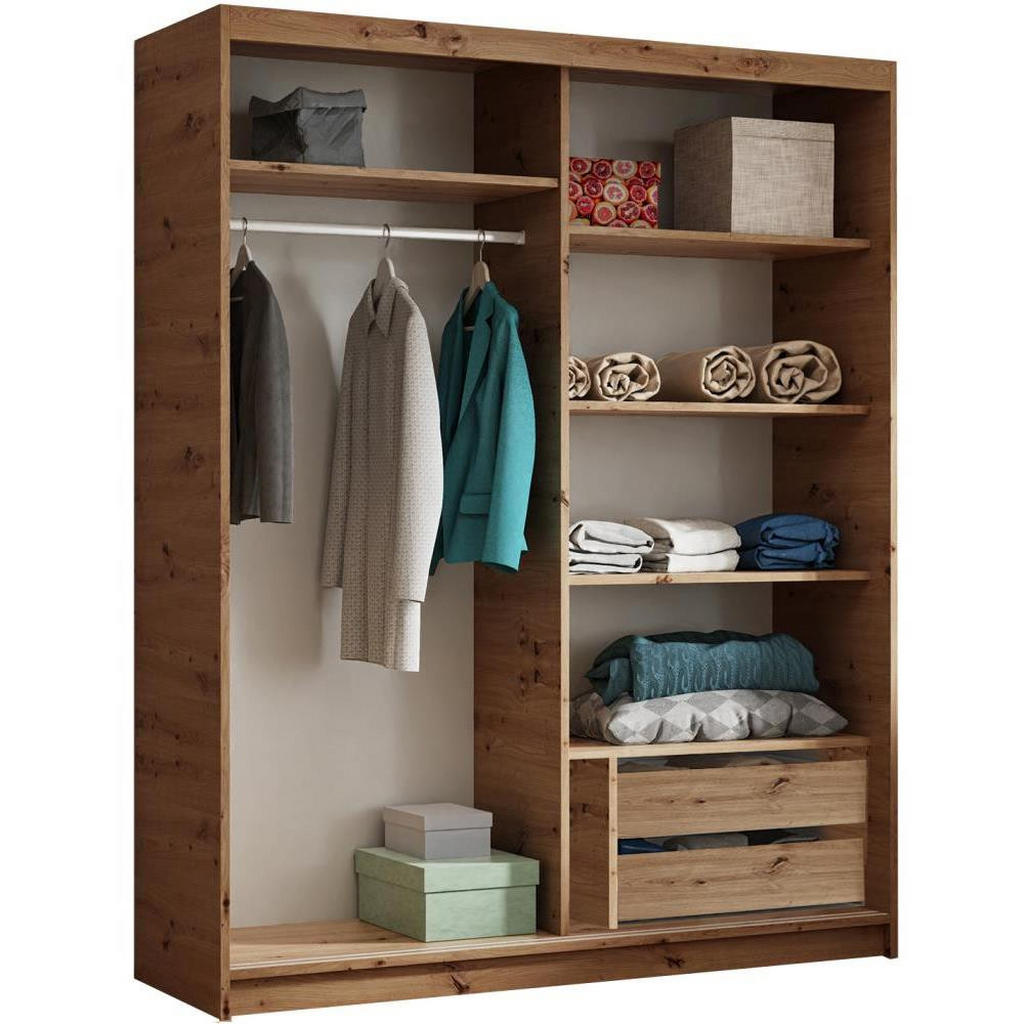 Thumbnail - Beautysofa Schwebetürenschrank, Eiche Artisan, Weiß, Holzwerkstoff, 6 Fächer, 2 Schubladen, 120x205x60 cm, Schlafzimmer,...