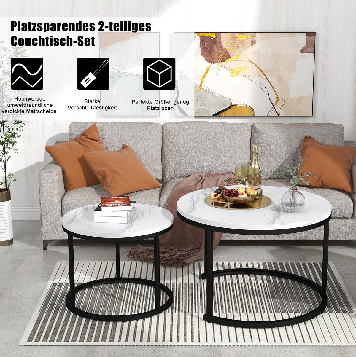 COUCHTISCH 2er-Set 50/70,5 cm & 45,5/44 cm in Marmoroptik, nestbar - Weiß, Holzwerkstoff (70.5/70.5/50cm) - Flora Grace