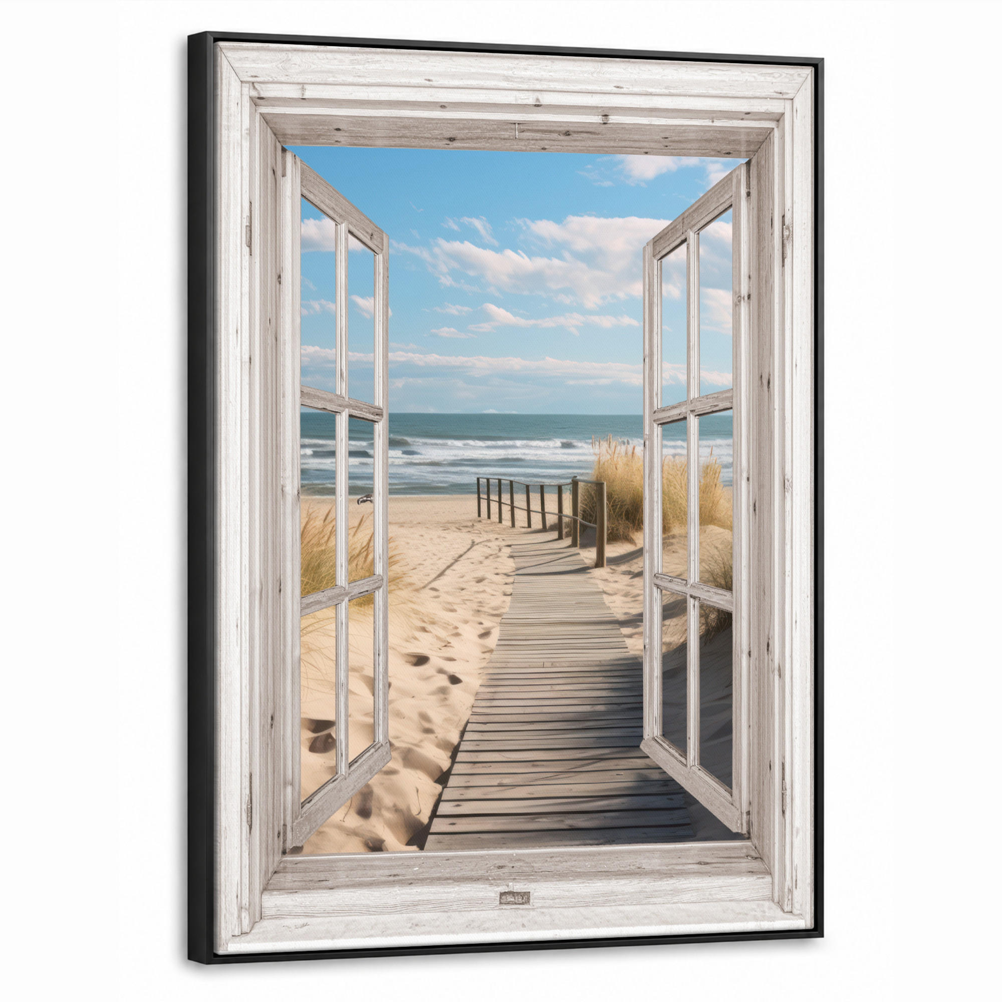 LEINWAND Bilder mit Rahmen - Fenster - Meer - Küste - Natur - Ausblick - Strand - Wattenmeer - 60x80 - Beige, Textil (60/80cm) - MuchoWow