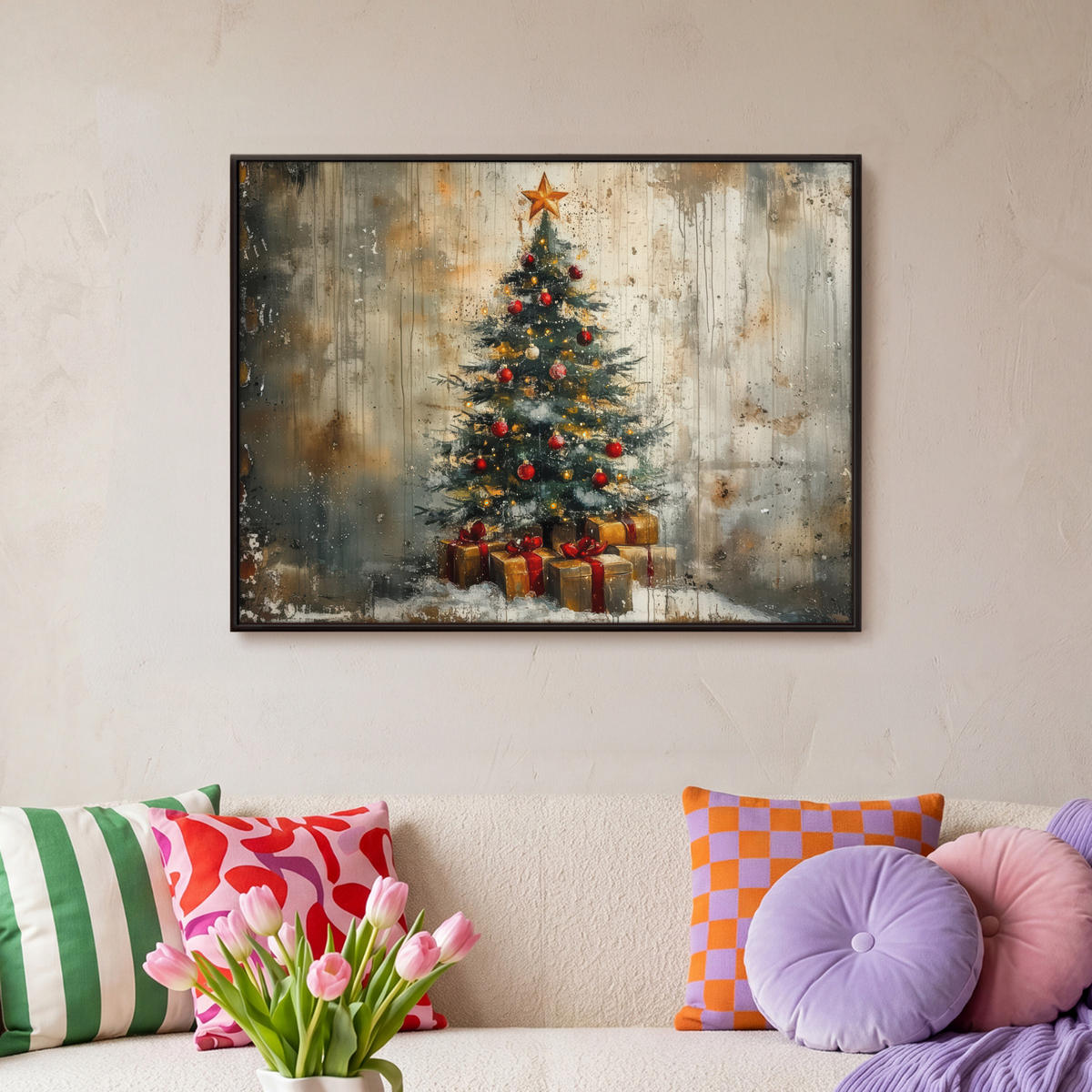 LEINWAND Bilder mit Rahmen - Weihnachtsbaum - Vintage - Weihnachten - Geschenk - 70x50 - Rostfarben, Textil (70/50cm) - MuchoWow