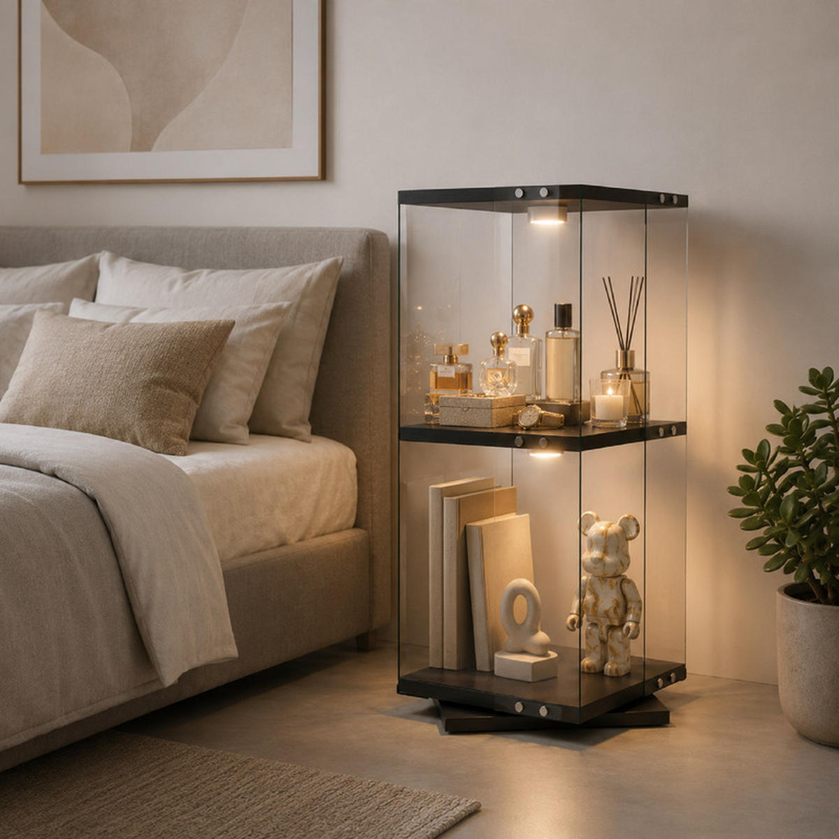 DREHVITRINE 360° mit RGB LED, 2 Ebenen, Glasvitrine schwarz für Deko - Schwarz, Glas (38/82/38cm) - SHOPENTRA