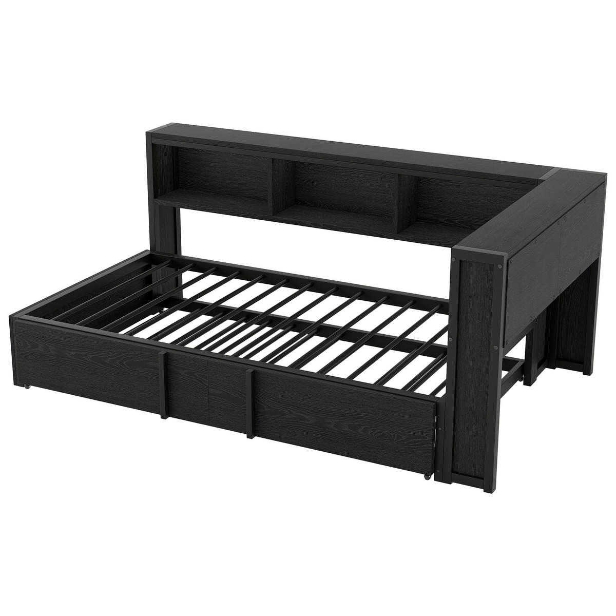 RAHMENBETT 90x200cm, Metall, Ausziehbett, Stauraum, LED, USB, Schwarz - Schwarz, Holzwerkstoff (90/200cm)