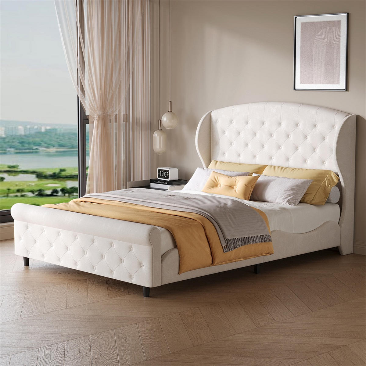POLSTERBETT 140x200 cm im klassischen Schlitten-Design mit Knopfheftung - ohne Matratze - Weiß, Textil (140/200cm) - DELFA