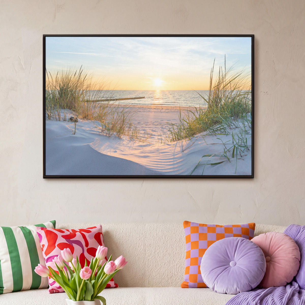 LEINWAND Bilder mit Rahmen - Strand - Sonne - Düne - Gras - Sand - Horizont - 90x60 - Hellblau, Textil (90/60cm) - MuchoWow