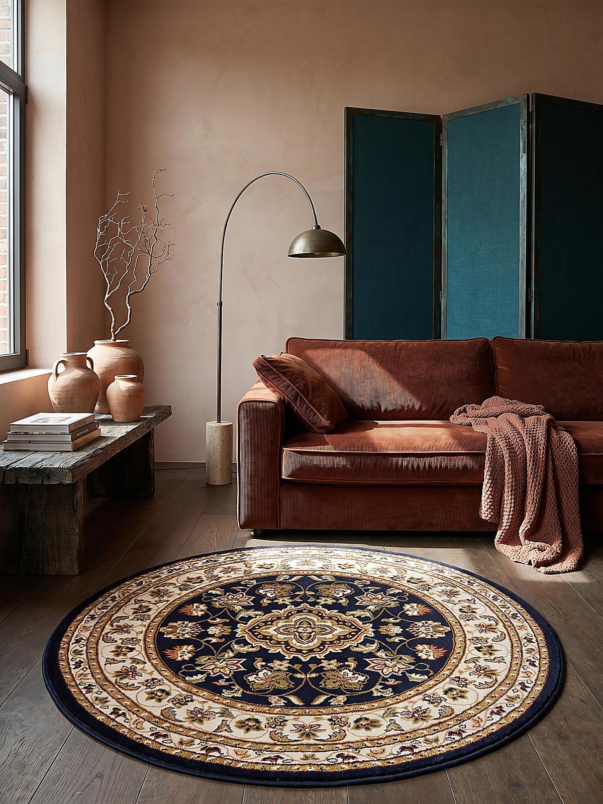 TEPPICH GLAZERT, klassisch-floral, Dunkelblau, Ø 133 cm - Blau, Textil (133/133cm) - KADIMA DESIGN