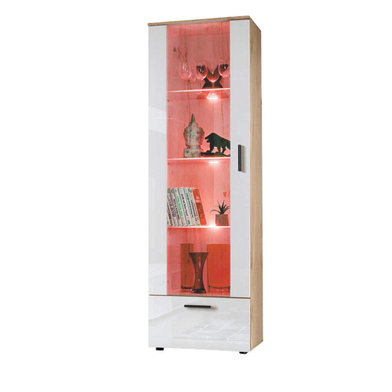 VITRINE ALESSANDRIA, Weiss, LED Mehrfarbige - Eiche Wotan/Schwarz, Glas/Holzwerkstoff (60/192/42cm) - Komodee