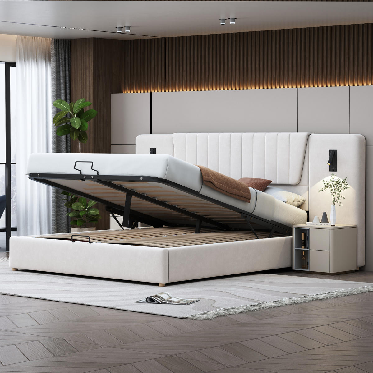 POLSTERBETT 180/200 cm in Beige Samt mit Bettkasten, Leselampen und USB - Beige, Holzwerkstoff/Textil (180/200cm) - WISHDOR