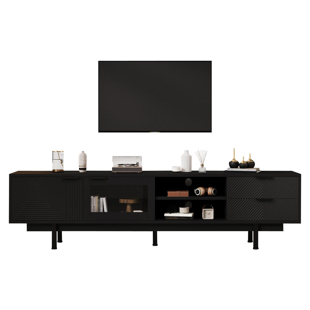 TV-SCHRANK 200x40cm Modern Schwarz 2 Türen 2 Schubladen Stauraum bis 80 Zoll - Schwarz, Holz (46.02/19.3/71.12cm) - FLIEKS