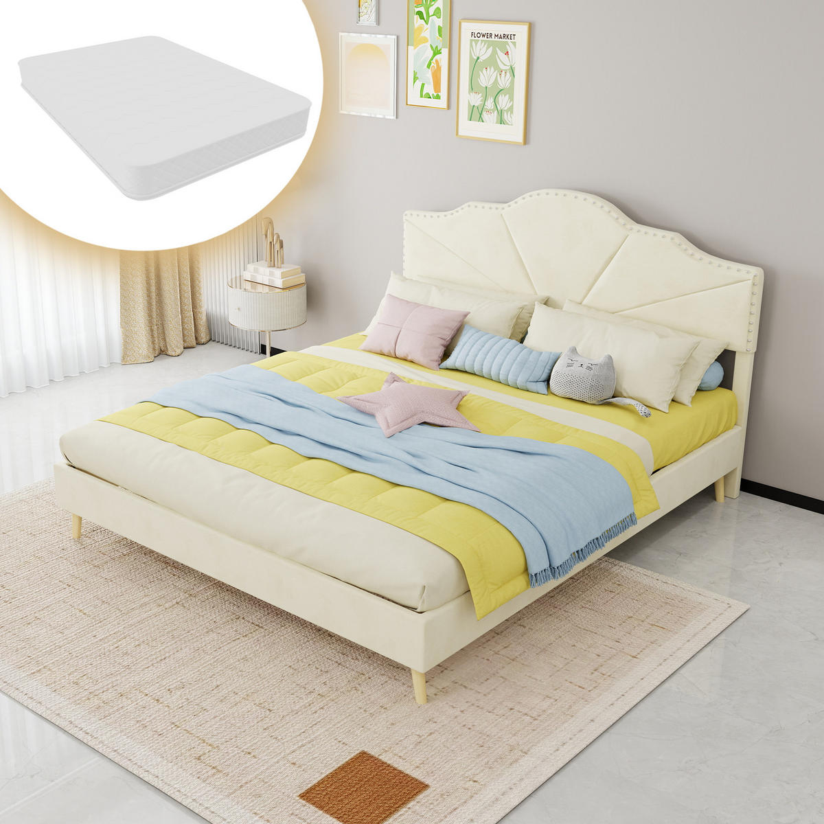 POLSTERBETT 160/200 cm DE-32963 mit Kopfteil und Matratze Beige - Beige, Metall (160/200cm) - ComfortXL