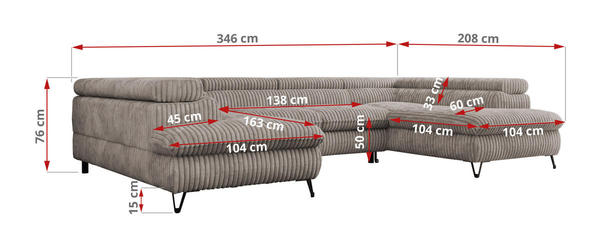 WOHNLANDSCHAFT PETER U Cord Hellbraun - Hellbraun/Schwarz, Textil/Metall (346/76/208cm) - MKS