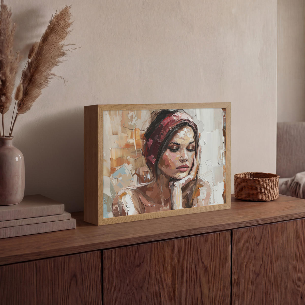 NÁSTĚNNÁ LAMPA S AKUMULÁTOREM Žena - vzhled malby - portrét - moderní 40x30 cm - hnědá, kompozitní dřevo (40/30/8cm) - OnlyWow