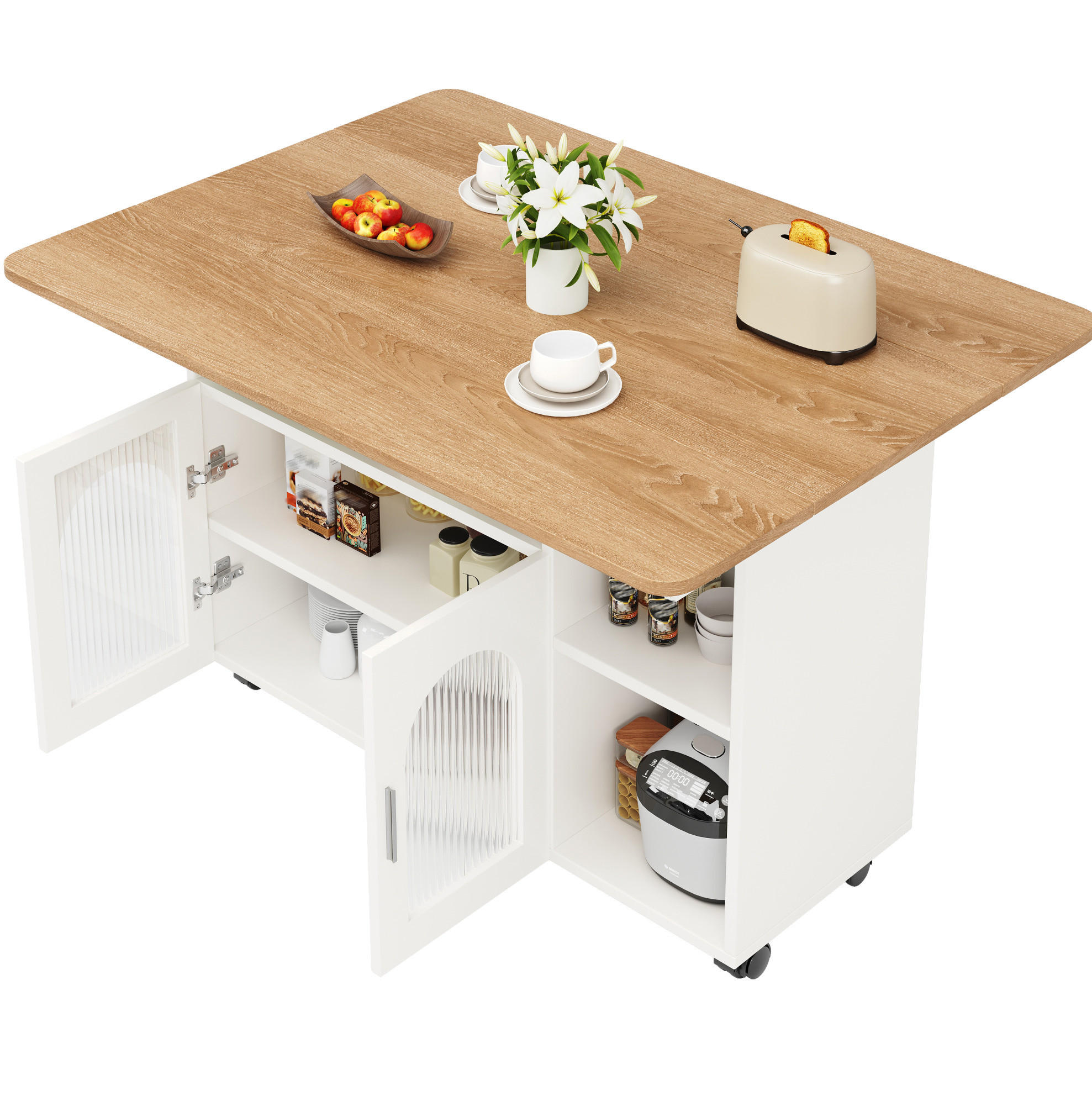 KÜCHENINSEL 120/79,5/30 cm aus MDF und Glas mit klappbarer Tischplatte - Weiß, Holzwerkstoff (30/79.5/120cm) - OKMYHOME