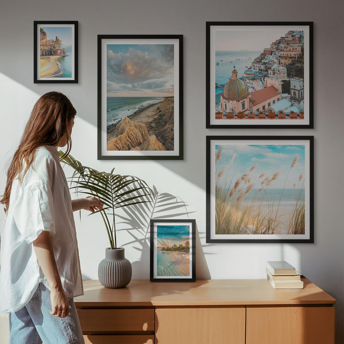 WANDBILDER 5er-Set - 50x50 cm & 20x30 cm & 40x60 cm Schwarzer Rahmen - Landschaften Strand Stadt Klippen - Schwarz, Kunststoff (40/60cm) - ArtPrintCave