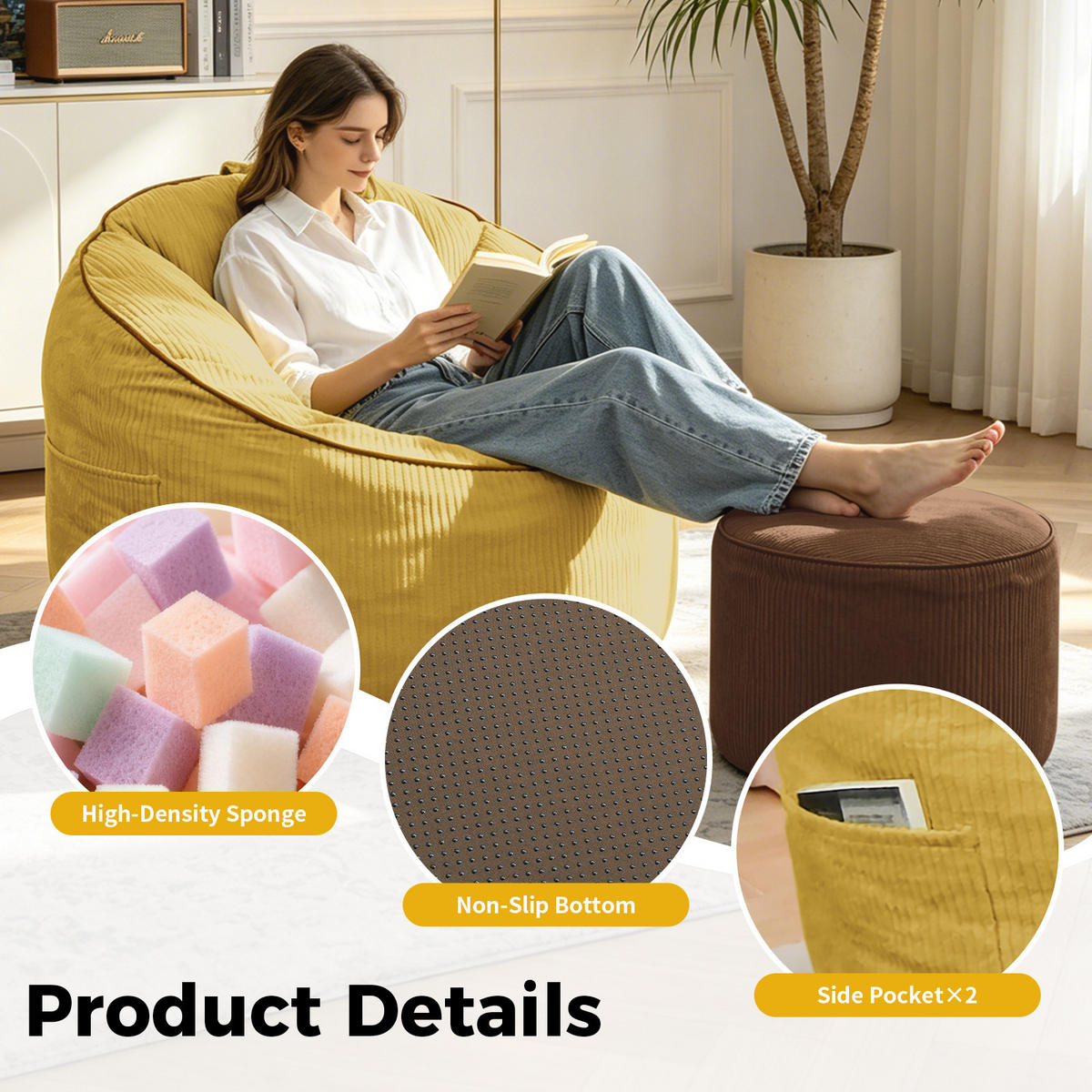 SITZSACK mit Hocker 2er-Set Gelb Flanell - Gelb, Kunststoff (95/80/103cm) - Meubliv