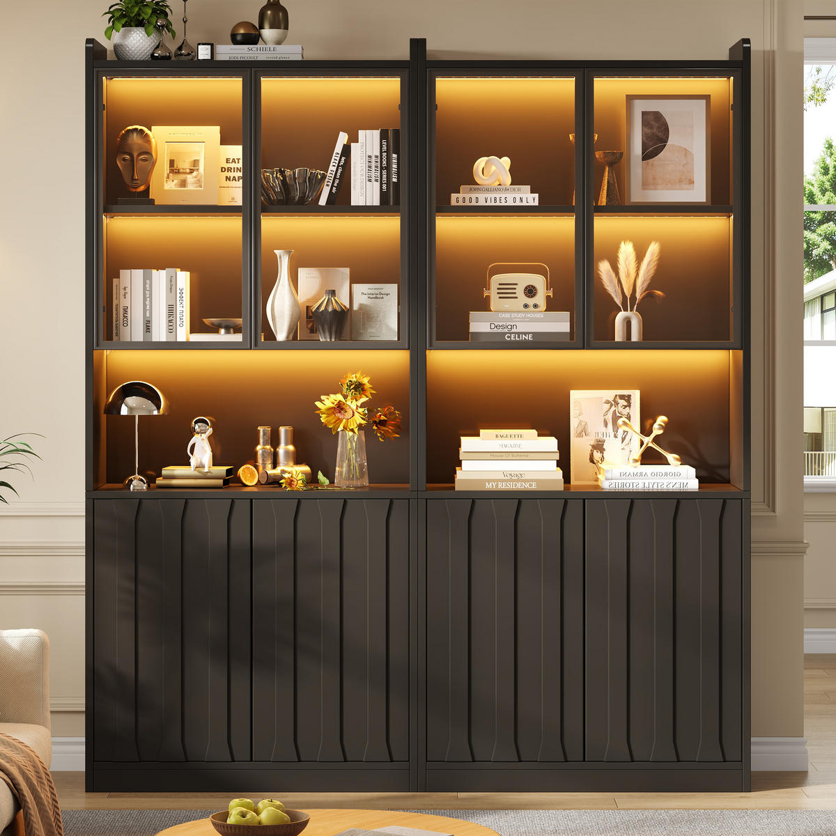 VITRINE 2er-Set 160x35x200 cm Schwarz LED Glastüren - Schwarz, Holzwerkstoff (160/200/35cm) - FLIEKS