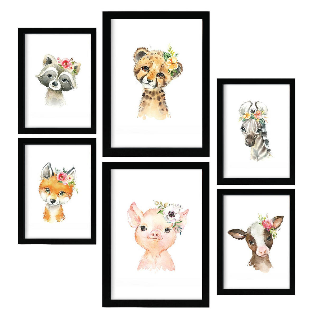 POSTER Set Mit 6 Blumentiere Weißer Hintergrunddruck Mit Baby Tiermotiven Im Pastell Aquarell Stil Innenarchitektur A3 & A4 Schwarzer Rahmen - Schwarz, Papier (29/3cm) - Nacnic