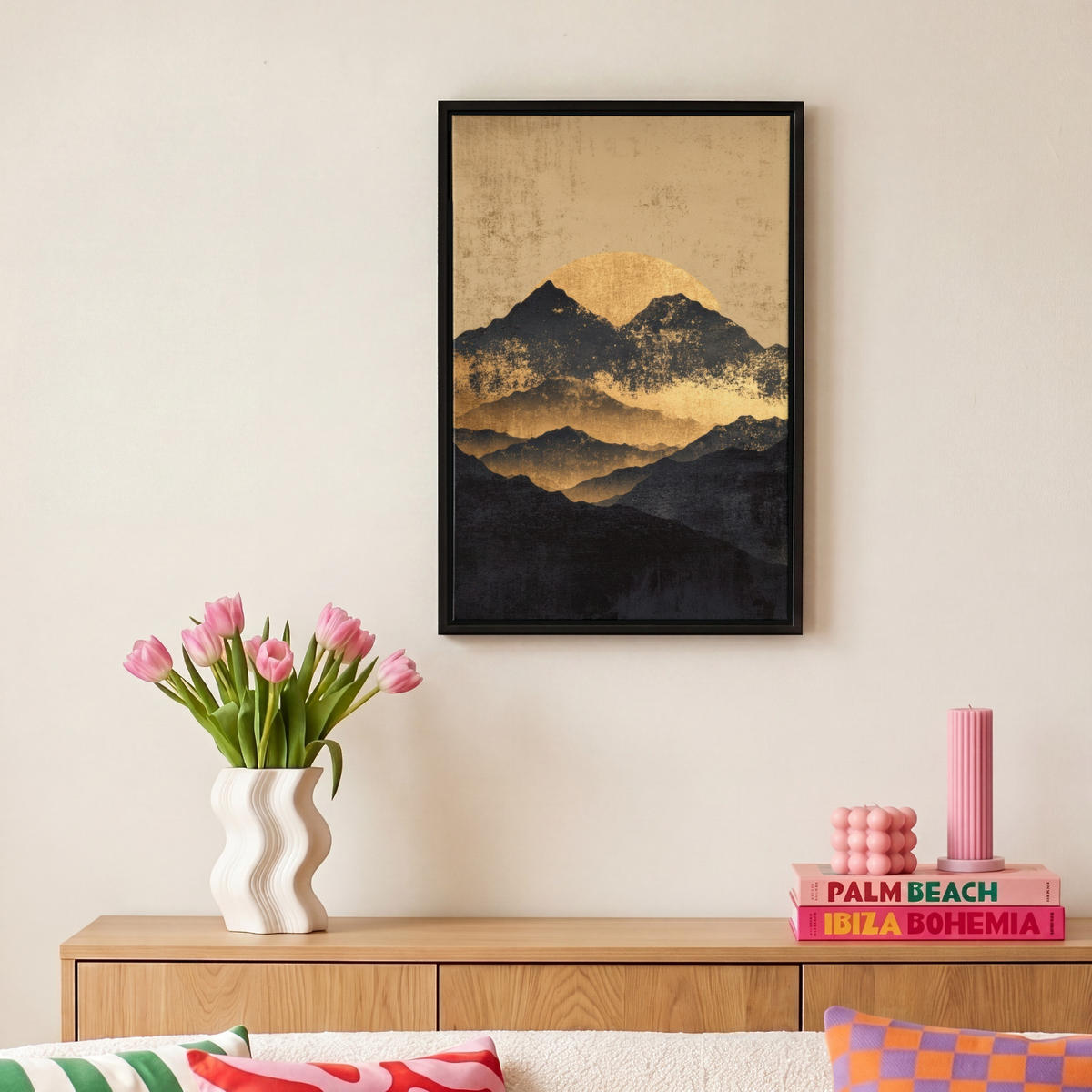 LEINWAND Bilder mit Rahmen - Goldene Berge bei Mondschein - 20x30 - Goldfarben, Textil (20/30cm) - MuchoWow