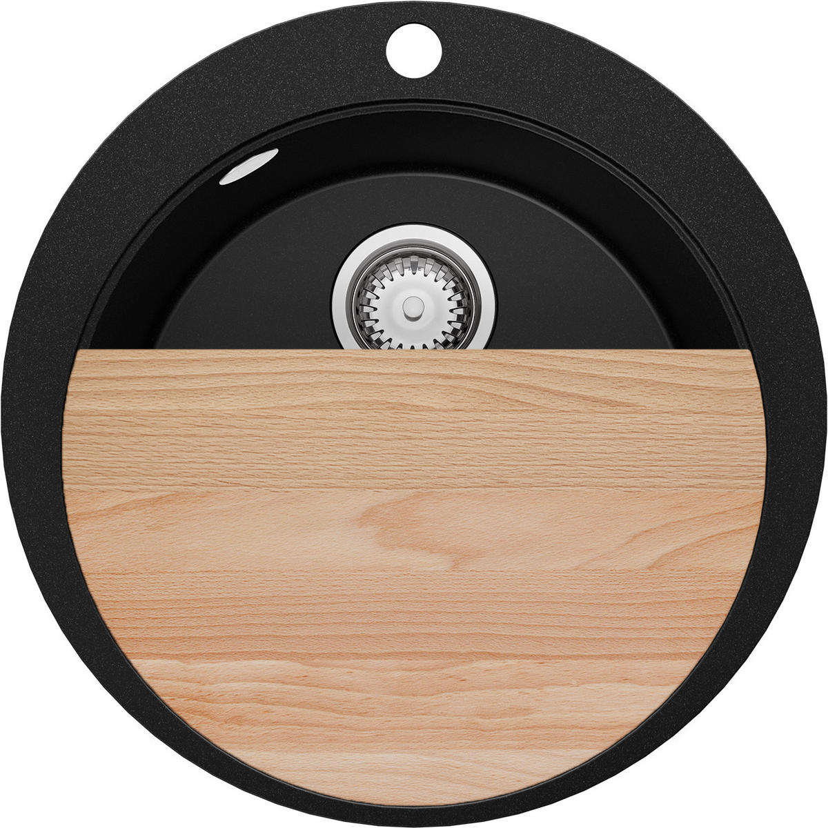 SPÜLBECKEN RUND Pisa Max, 2-er set Schwarz 53/53 cm 1 Becken + Ablauf-Set + Schneidebrett ab 50er Unterschrank - Chromfarben/Beige, Kunststoff (53/20/53cm) - Primagran