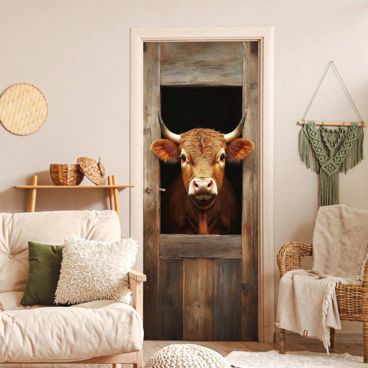 TÜRAUFKLEBER Kuh - Fenster - Holz - Tiere 85x215 cm - Türtapete - Wengefarben, Kunststoff (85/0.1cm) - MuchoWow