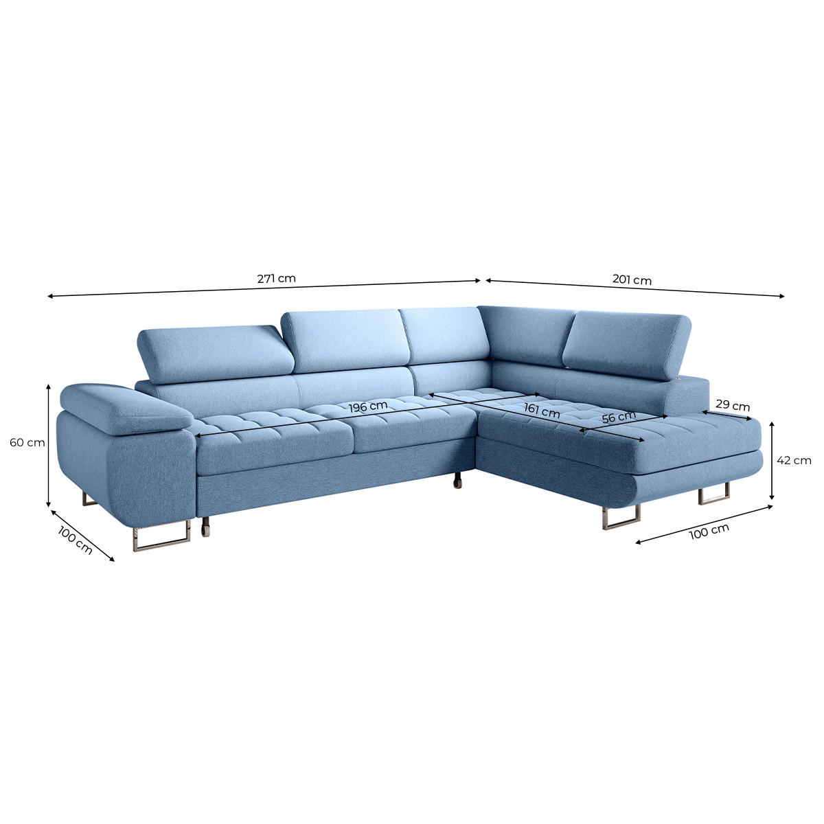 ECKSOFA Eden 4 Sitzplätze Blau - Blau, Holzwerkstoff (271/201cm) - Petits-meubles