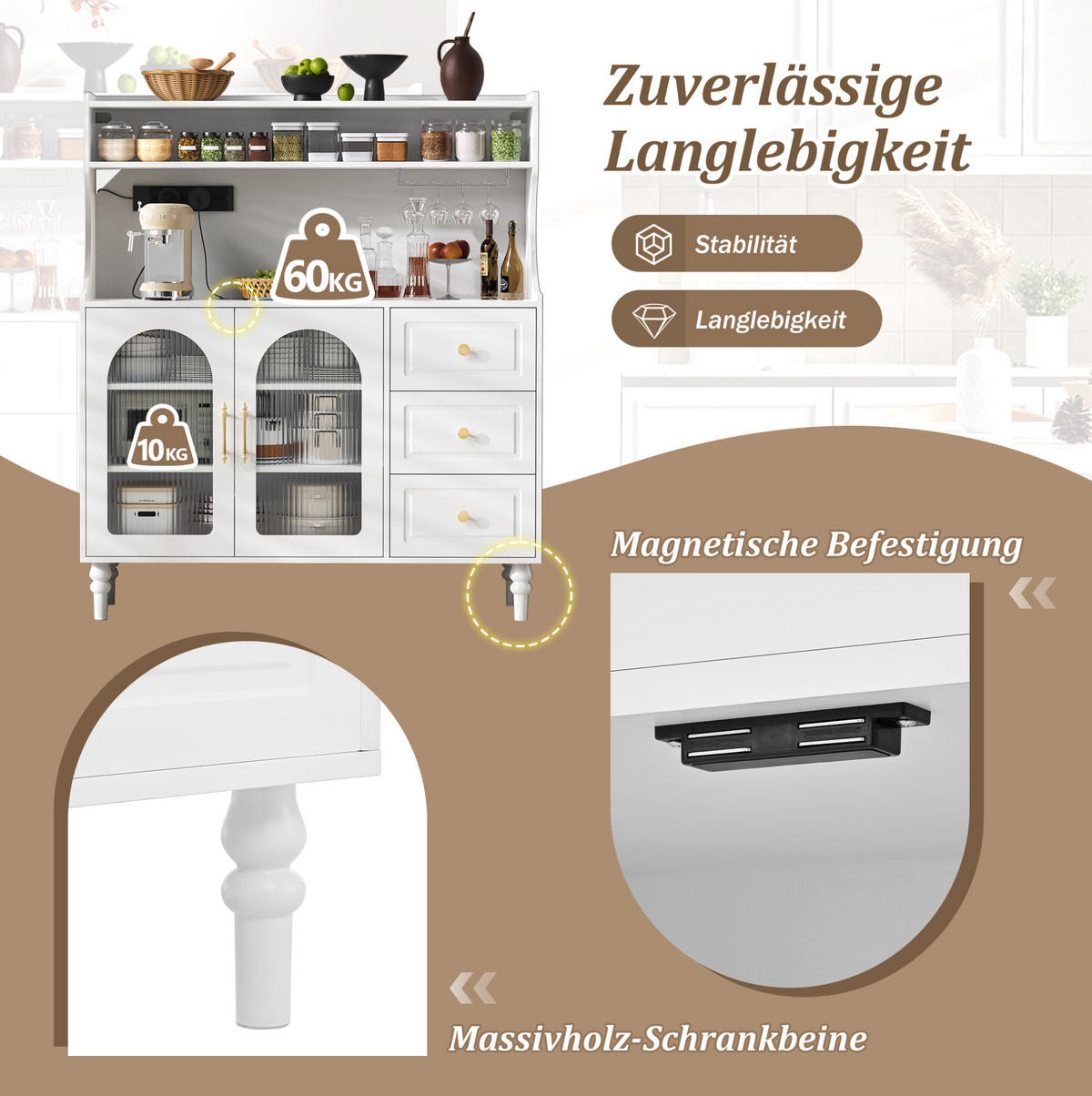BUFFET 120/40/138,5 cm aus MDF mit Steckdose, USB-C und Glashalter Weiß - Weiß, Holzwerkstoff (120/138.5/40cm) - Modenvie