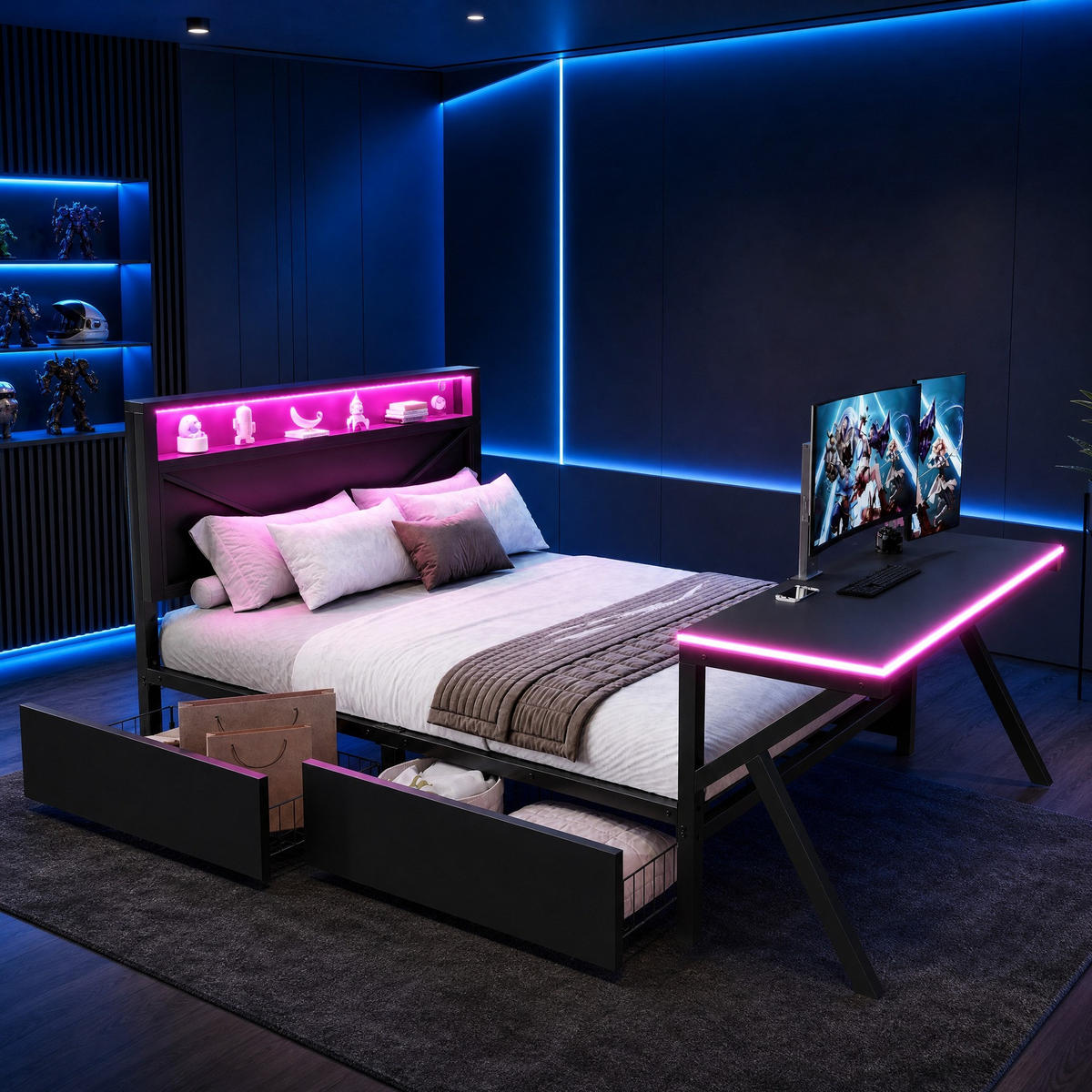 JUGENDBETT 140/200 mit LED-Kopfteil, LED-Schreibtisch und Schubladen in Schwarz - Schwarz, Metall (140/200cm) - EVRYAE