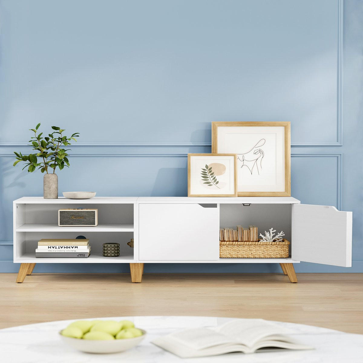 TV-MÖBEL 2 Fächer und 2 Türen weiß - L140 cm - Weiß, Holz (140/40/45cm) - Calicosy