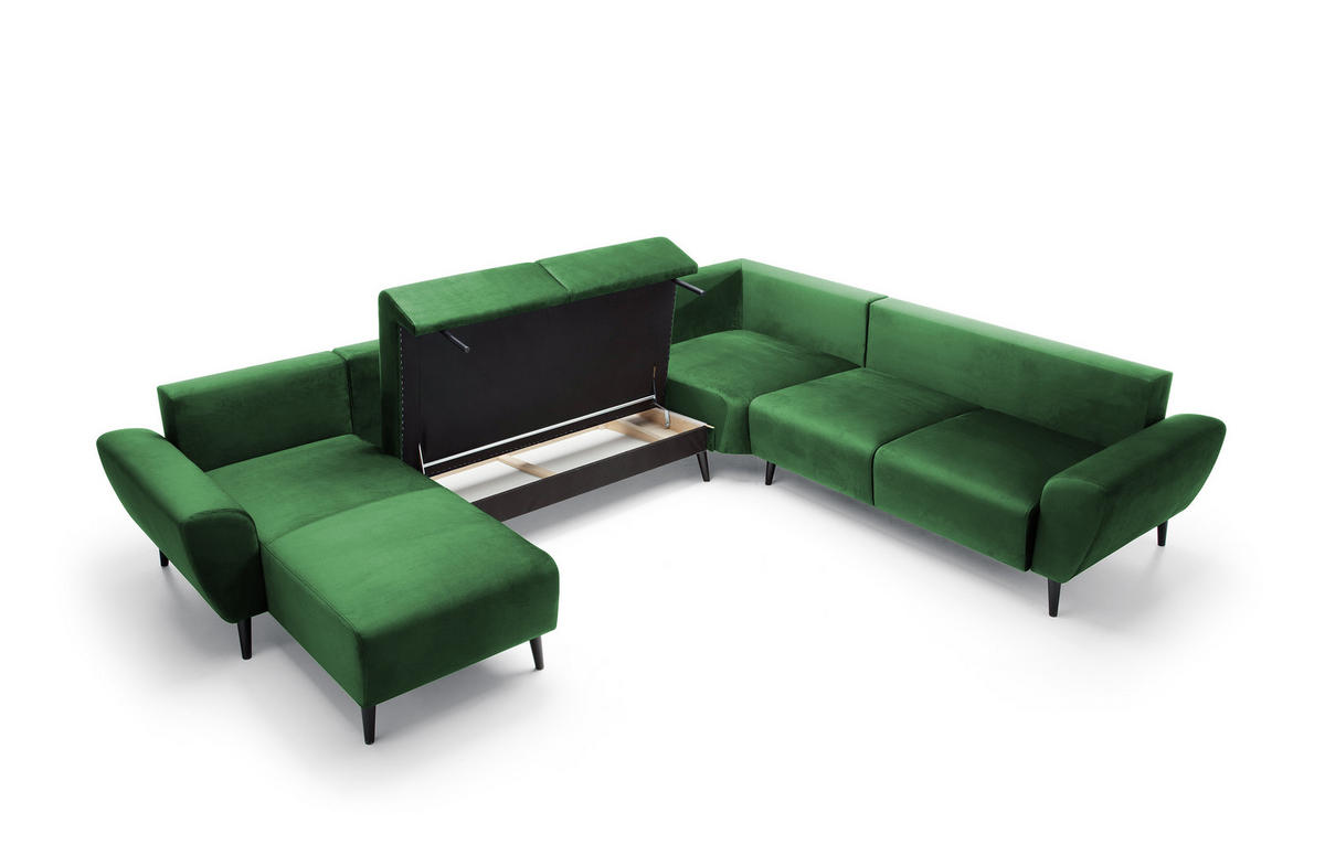 ECKSOFA BOSCO U-Form, Monolith-Stoff, Freistehend, mit verstellbaren Kopfstützen, Sofa für Familien, Größe: 340x270x98cm, Farbe: Grün - Grün, Holz/Textil (270/340cm) - DomoHome