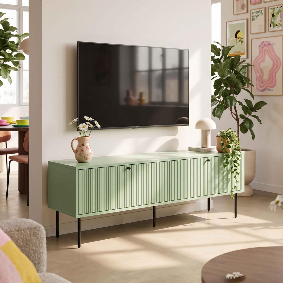 TV-MÖBEL 150 cm, Salbeigrün - Grün, Holz/Metall (150/50/40cm) - Oviala
