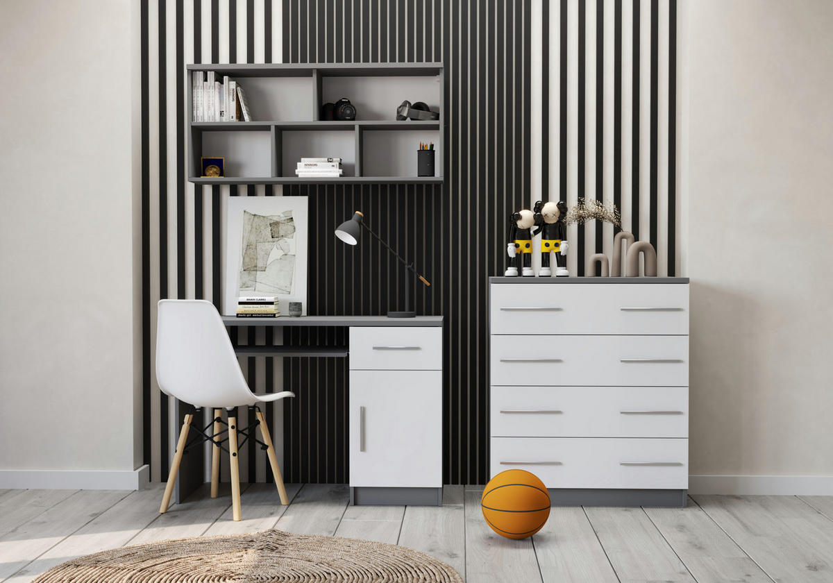 JUGENDZIMMER Arivo in Weiß und Grau 3 teilig Kinderzimmer Komplett Set mit Schreibtisch, Wandregal und Kommode - Weiß, Holzwerkstoff (80/200/120cm)