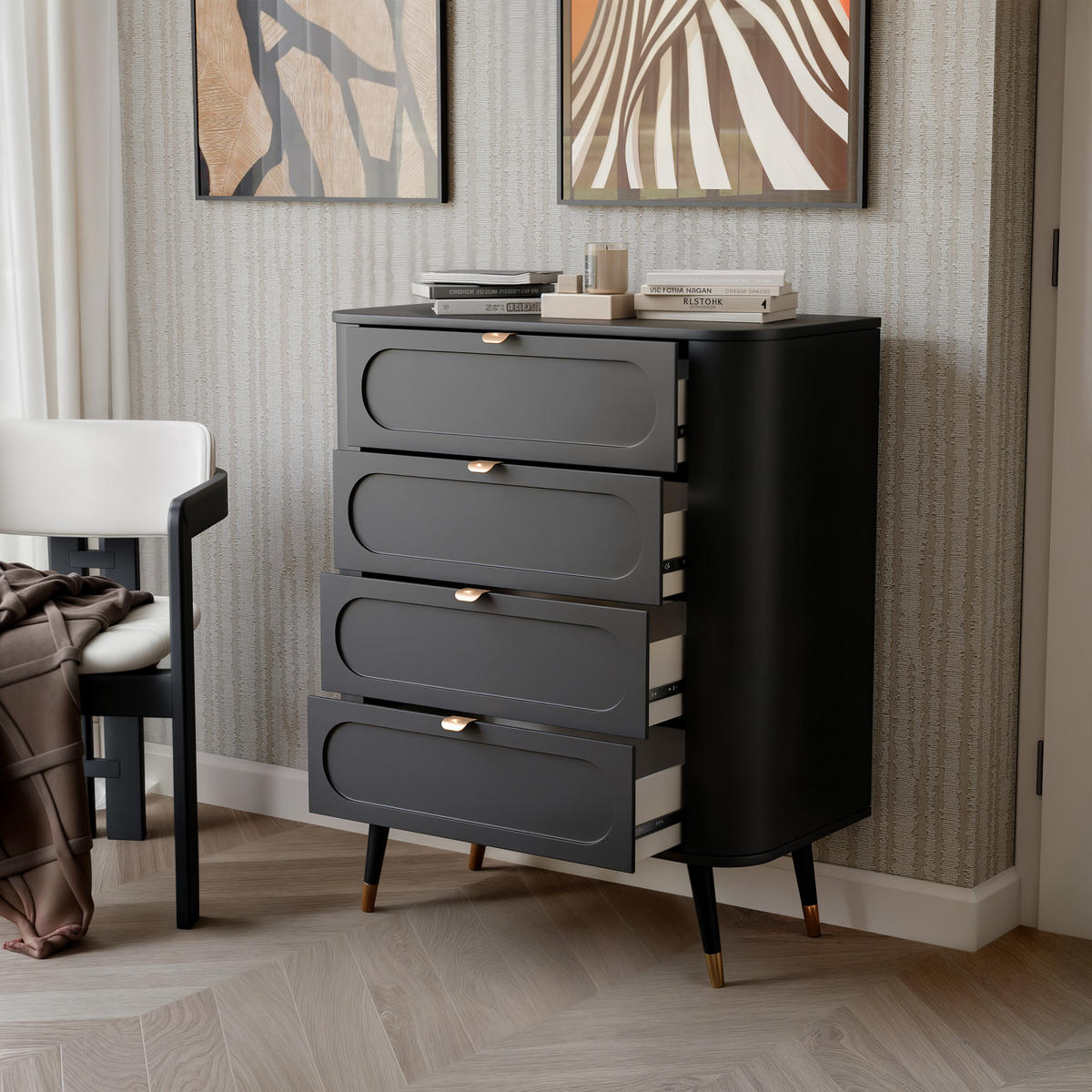 KOMMODE NOIR 78 cm, 4 Schublade(n) Schwarz - Goldfarben/Schwarz, Holzwerkstoff/Metall (78/98.4/40cm) - Idohome