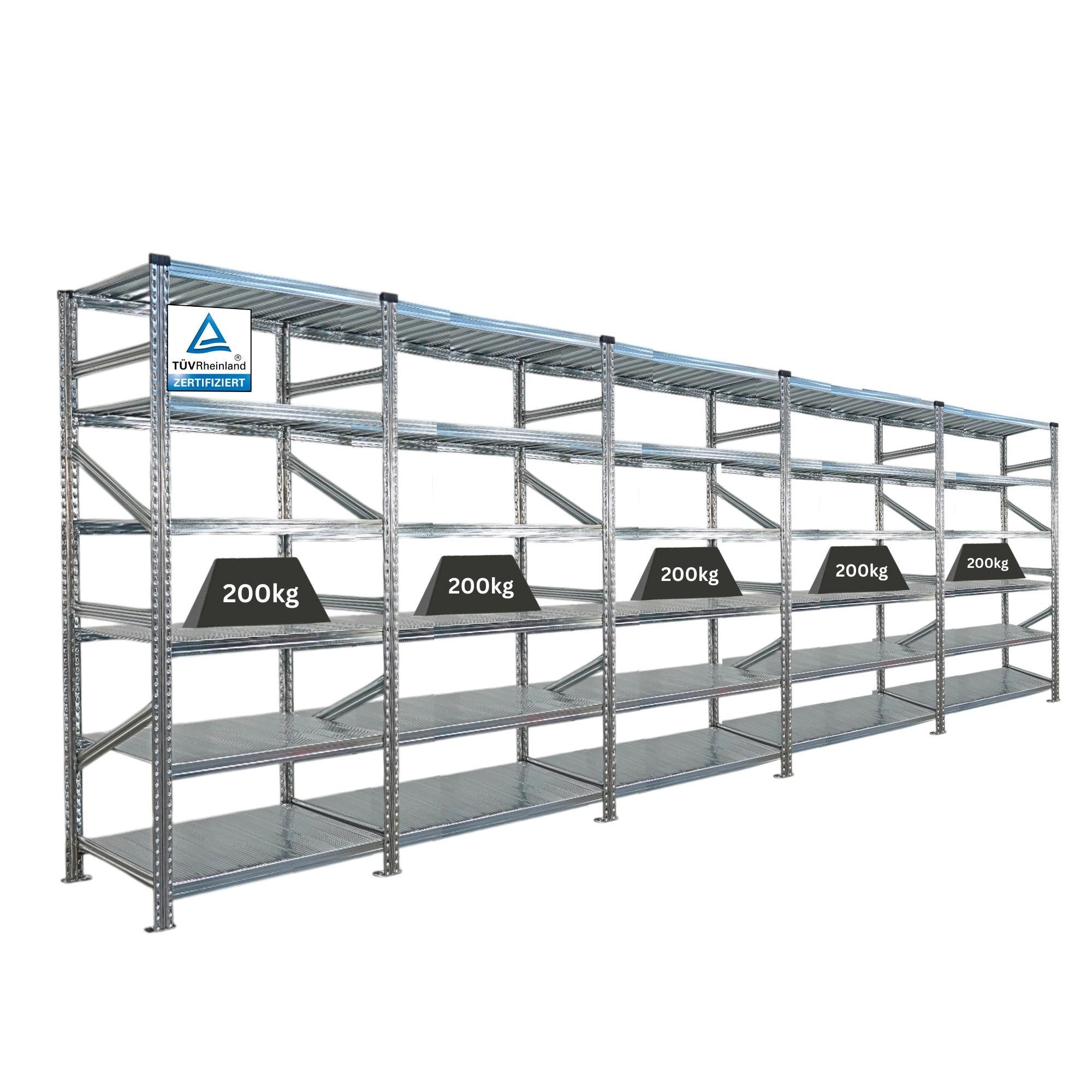 FACHBODENREGAL Proximo Stecksystem 210x450x60cm 6 Ebenen Beidseitig nutzbar Verzinkt - Silberfarben, Metall (450/210/60cm) - PROREGAL