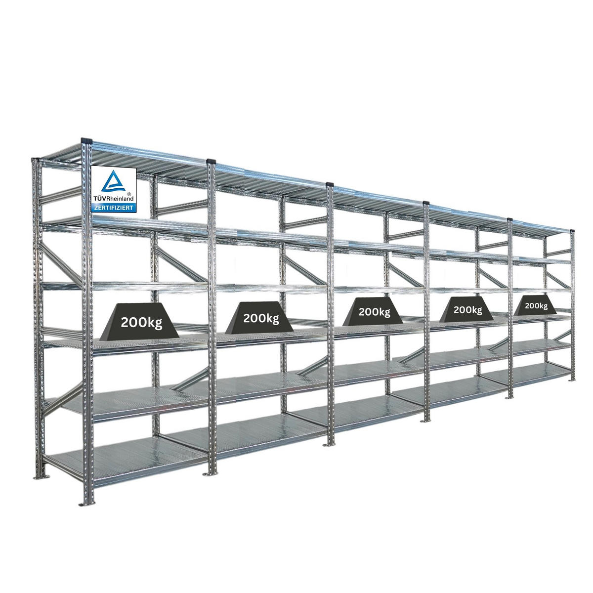 FACHBODENREGAL Proximo Stecksystem 210x450x60cm 6 Ebenen Beidseitig nutzbar Verzinkt - Silberfarben, Metall (450/210/60cm) - PROREGAL