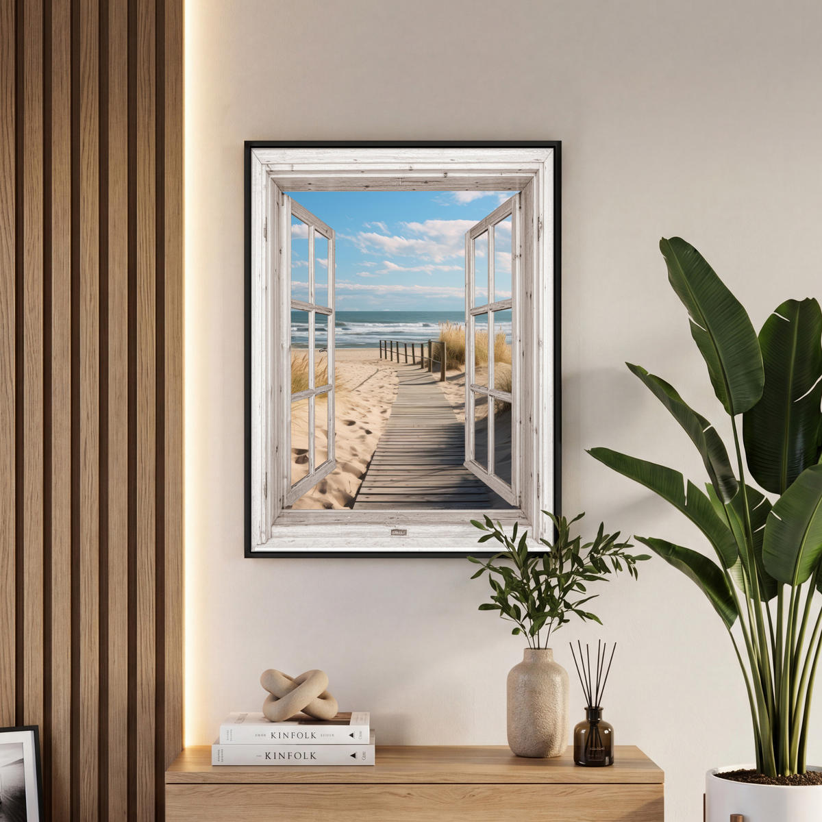LEINWAND Bilder mit Rahmen - Fenster - Meer - Küste - Natur - Ausblick - Strand - Wattenmeer - 60x80 - Beige, Textil (60/80cm) - MuchoWow
