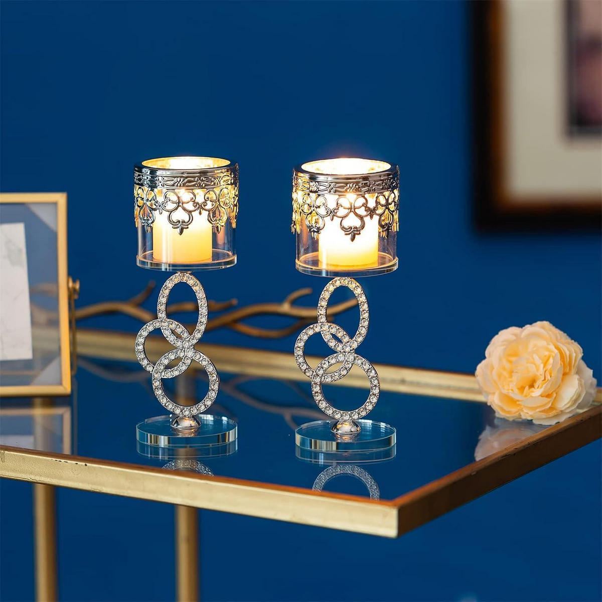 KERZENSTÄNDER 2-teiliges Set Kristall Glas Silber 17,5 cm - Silberfarben, Metall (6.5/17.5/6.5cm)
