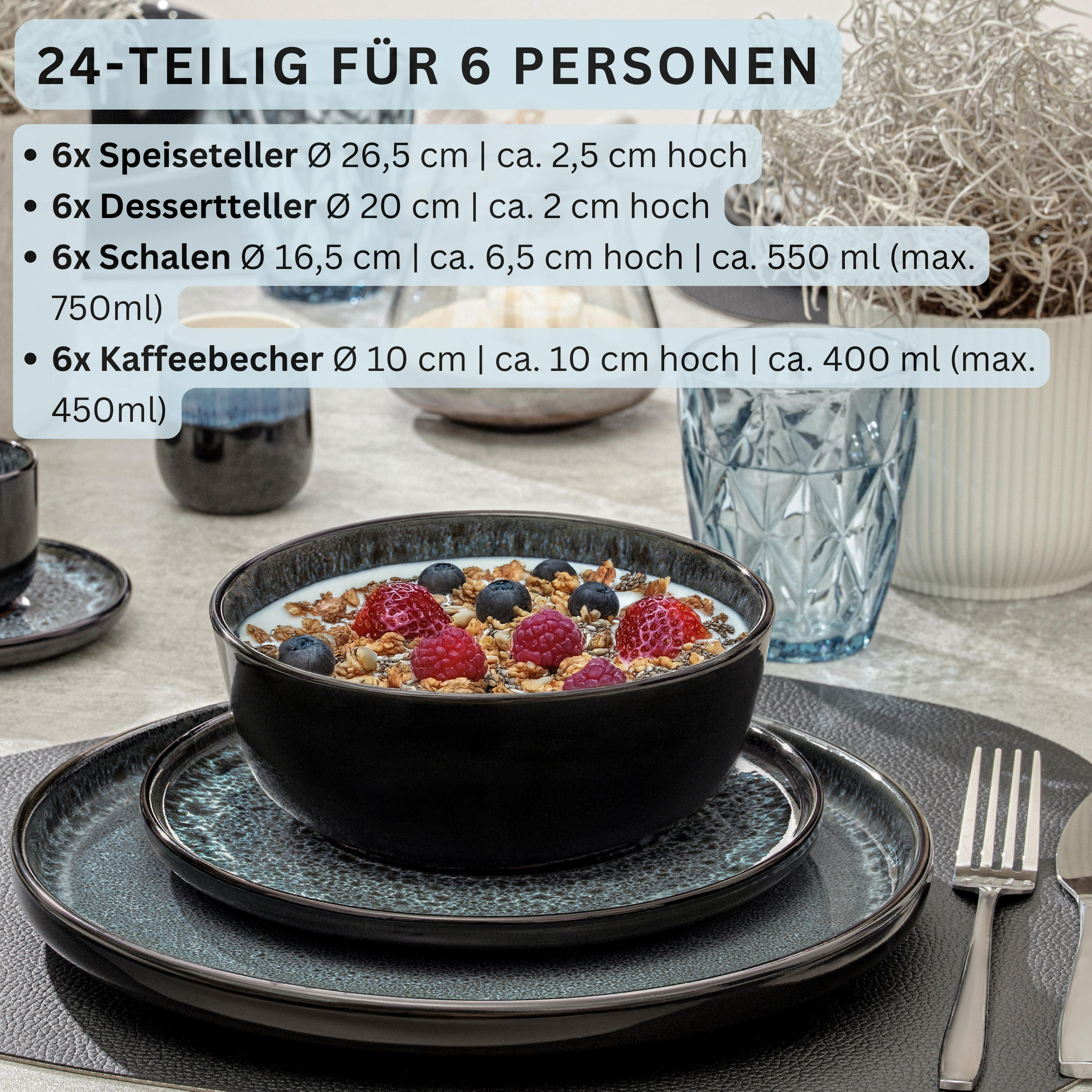 KOMBISERVICE MANILA - 24 teilig aus Steingut - Dunkelblau, Stein (50/30/80cm) - Sänger