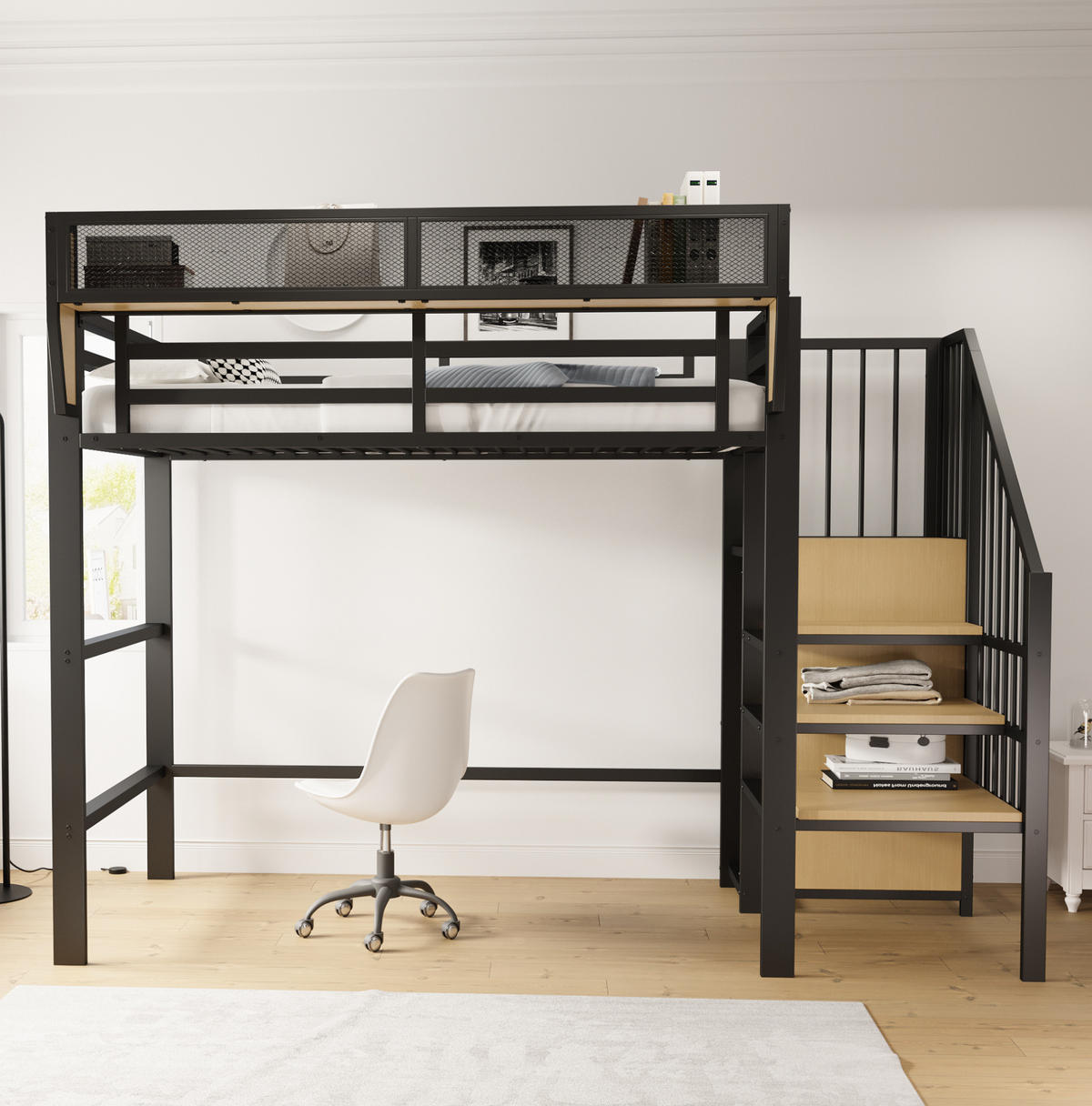 HOCHBETT aus Metall 90x200 cm Schwarz mit Sicherheitsleiter und verstellbarem Regal - Schwarz, Metall (140/200cm) - IVMEU