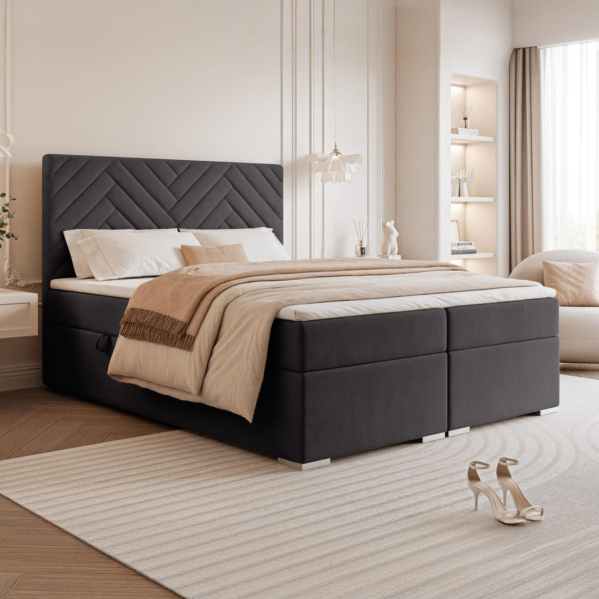 BOXBETT NEREA 120/200 cm mit Matratze und Topper, Dunkelgrau - Dunkelgrau, Textil (120/200cm) - Idohome
