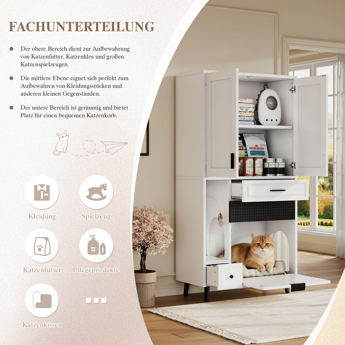 BUFFET Katzenmöbel Schrank MDF Katzenhaus Multifunktion Spielbereich verstellbare Böden Stauraum - Schwarz/Weiß, Holzwerkstoff/Metall (80/161/40cm) - EVRYAE