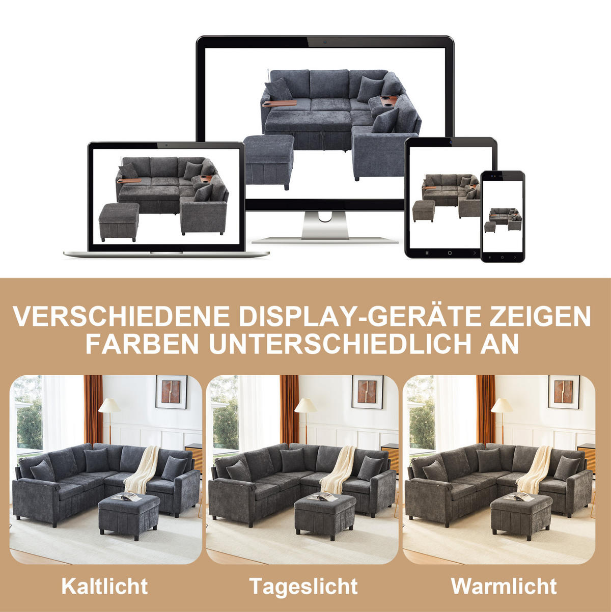 KUTNA garnitura 205/205/85 cm siva od ženila s funkcijom spavanja i USB priključcima - siva, tekstil (205/205cm) - OKWISH